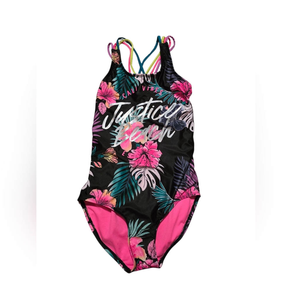 Justice Tropical Vibes One Piece Swimsuit, Black & Pink, Girls Size L (12/14) - Picture 1 of 5